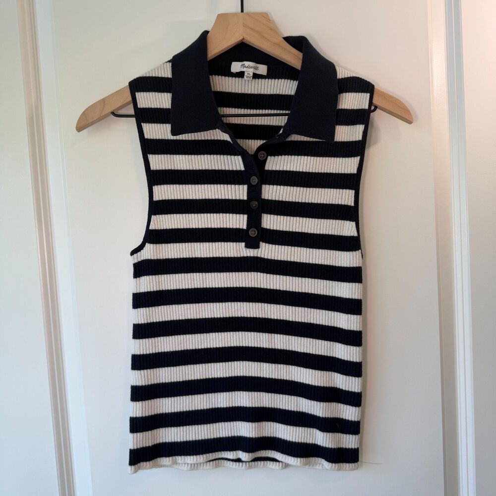 Madewell XL Ribbed Sleeveless Polo Sweater Tank Navy Ivory Stripe